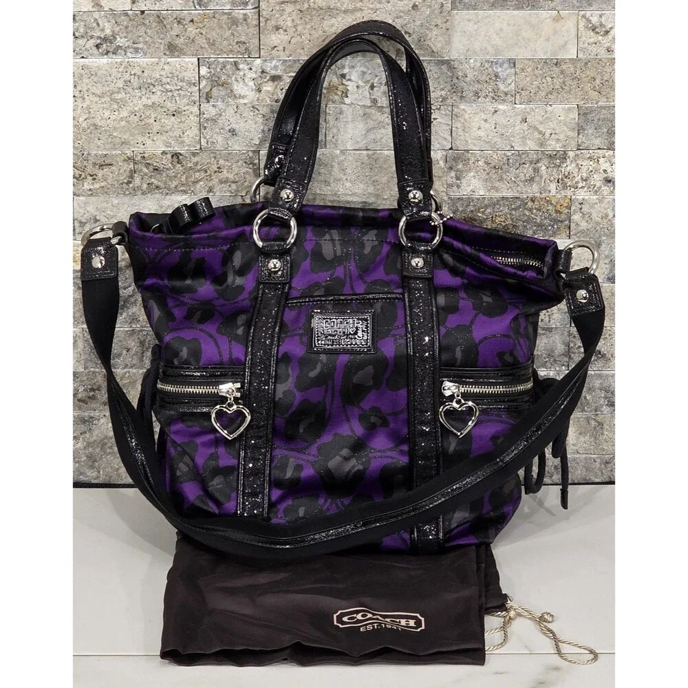 Coach Y2K Poppy Daisy Ocelot Glam Tote Purple Leopard Print Glitter Indie Sleaze - Picture 2 of 16